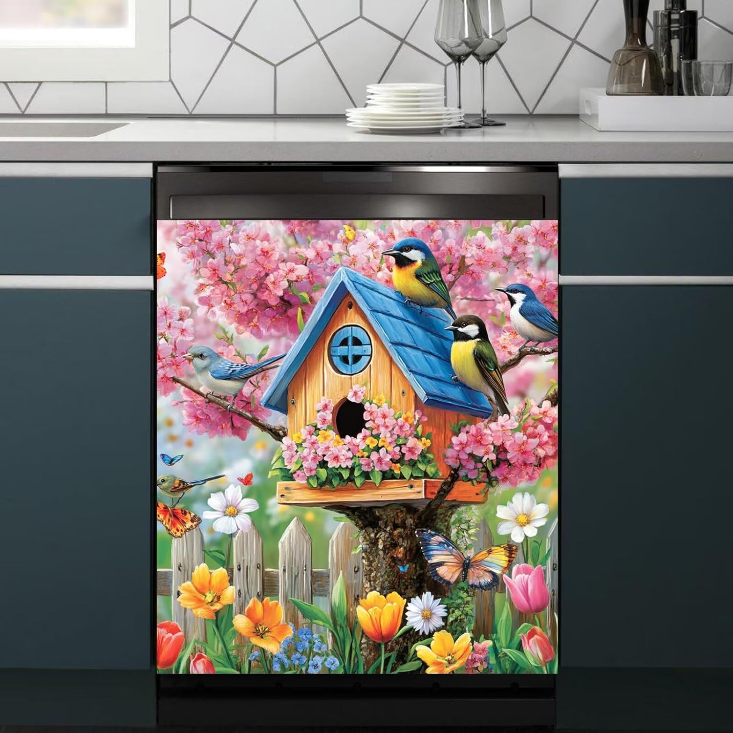 Blue Birds Magnet Dishwasher Front Door Cover Skin Panel Bird House Home Appliance Magnet Refrigerator Cover Spring Colorful Flowers Full Stickers for Kitchen - 23" x 26", Magnetic