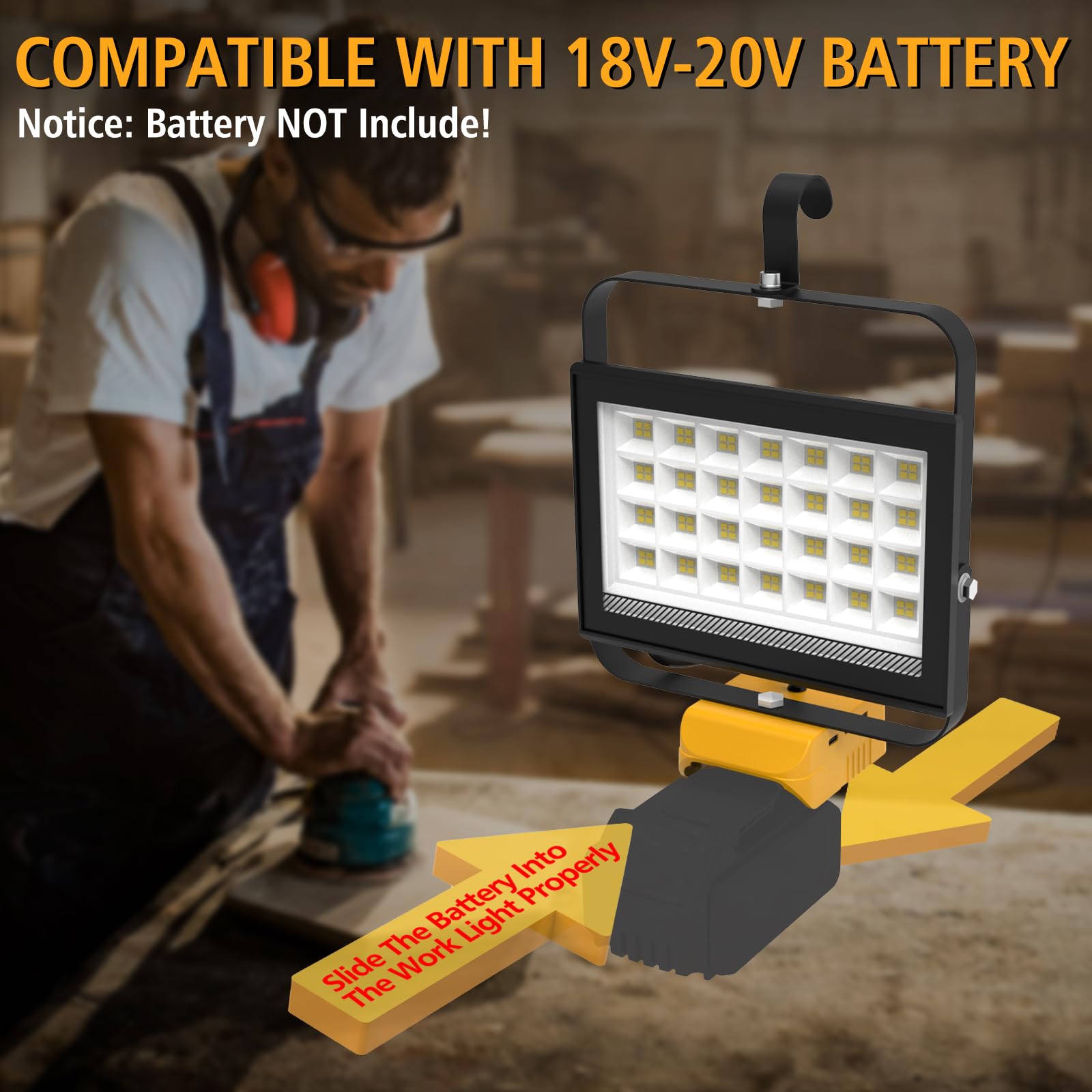 Foco LED Recargable Compatible con Dewalt Batería 18V, T-SUNUS 100W Luces de Trabajo Portátiles 2 Brillos, USB-C Recargable para Acampar Garaje Emergencia Obra 2 Piezas(Sin Batería)