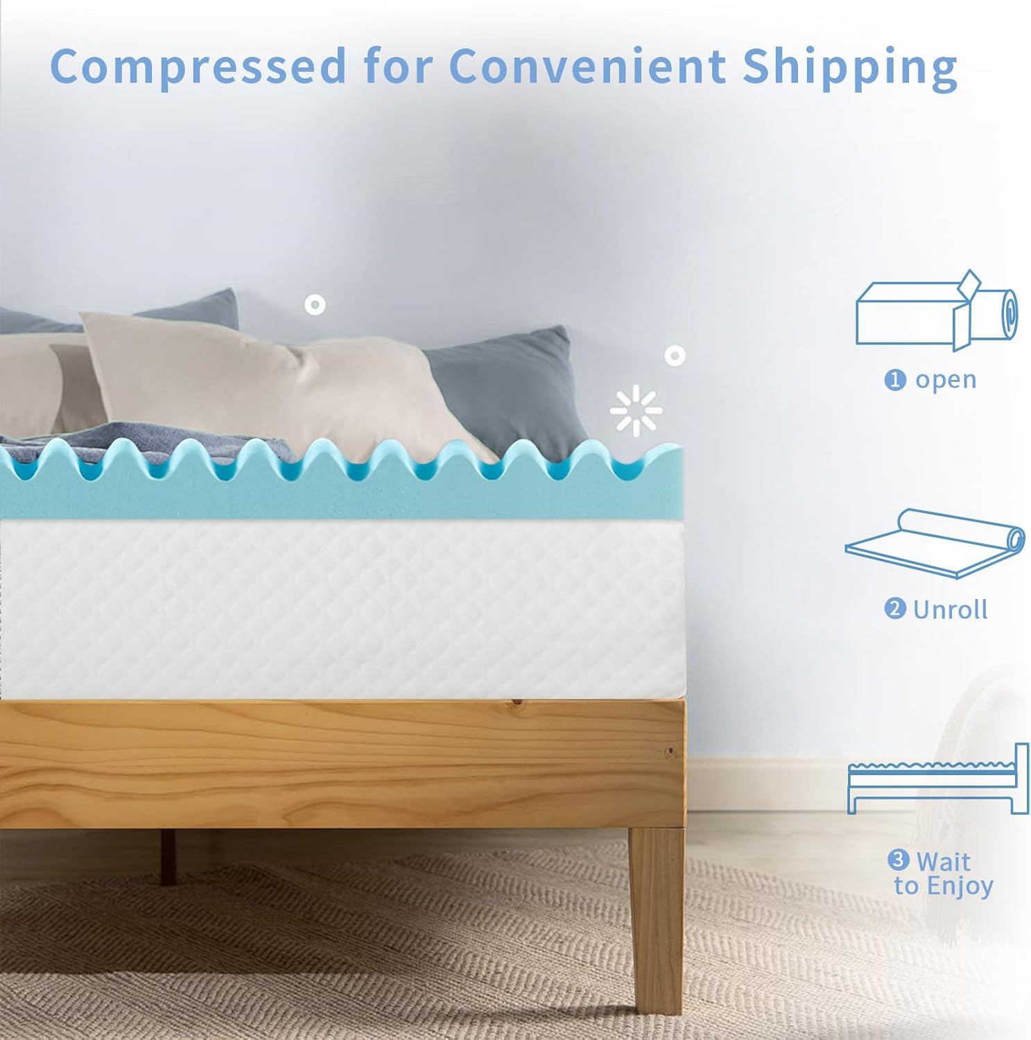 Queen Mattress Topper 2 Inch, Gel Memory Foam Mattress Topper for Breathability and Pressure Relief, Soft Mattress Pads Skin Friendly, CertiPUR-US Certified, Blue