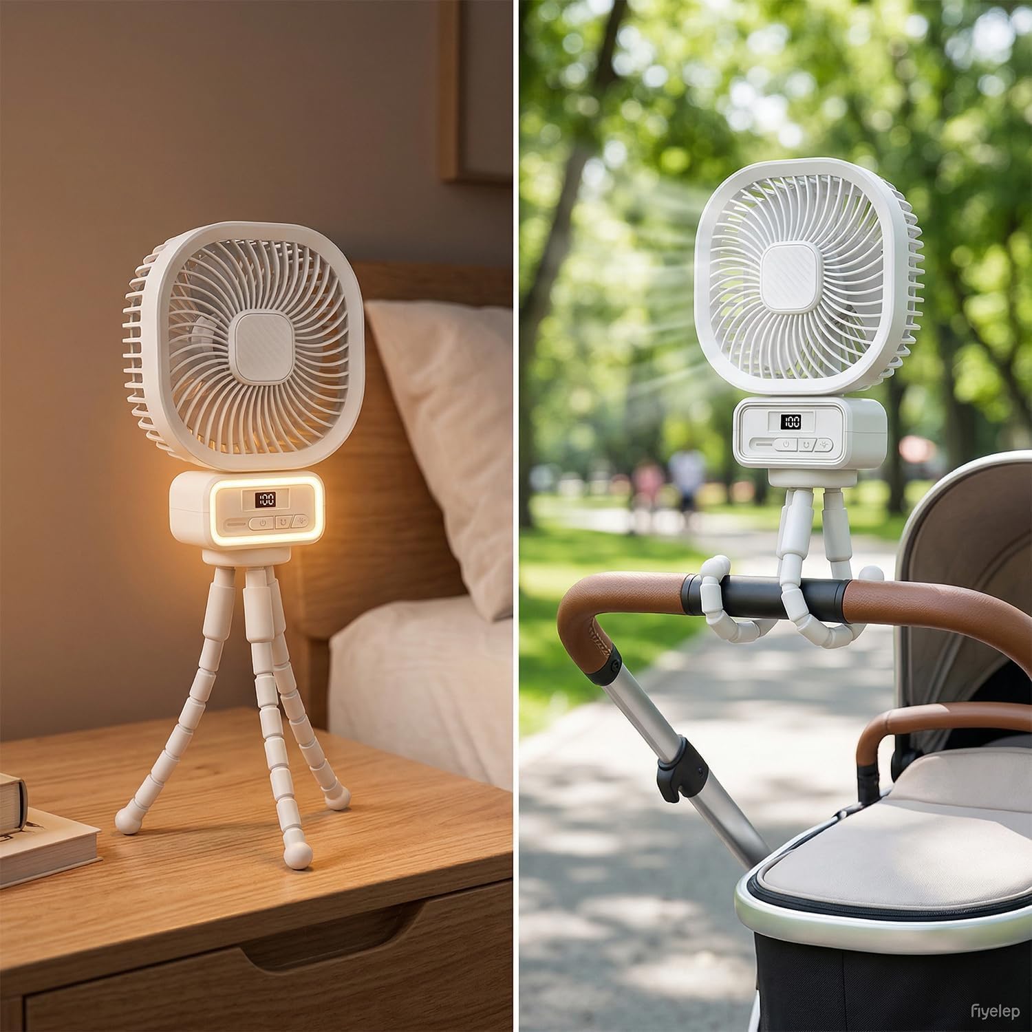 3 in 1 Desk Fan with Detachable Stand, Stroller Fan for Baby, Turbo Table Fan for Bedroom with Desk Lamp, 270 Oscillating Head, 100-Speed Digital Display, Silent, White