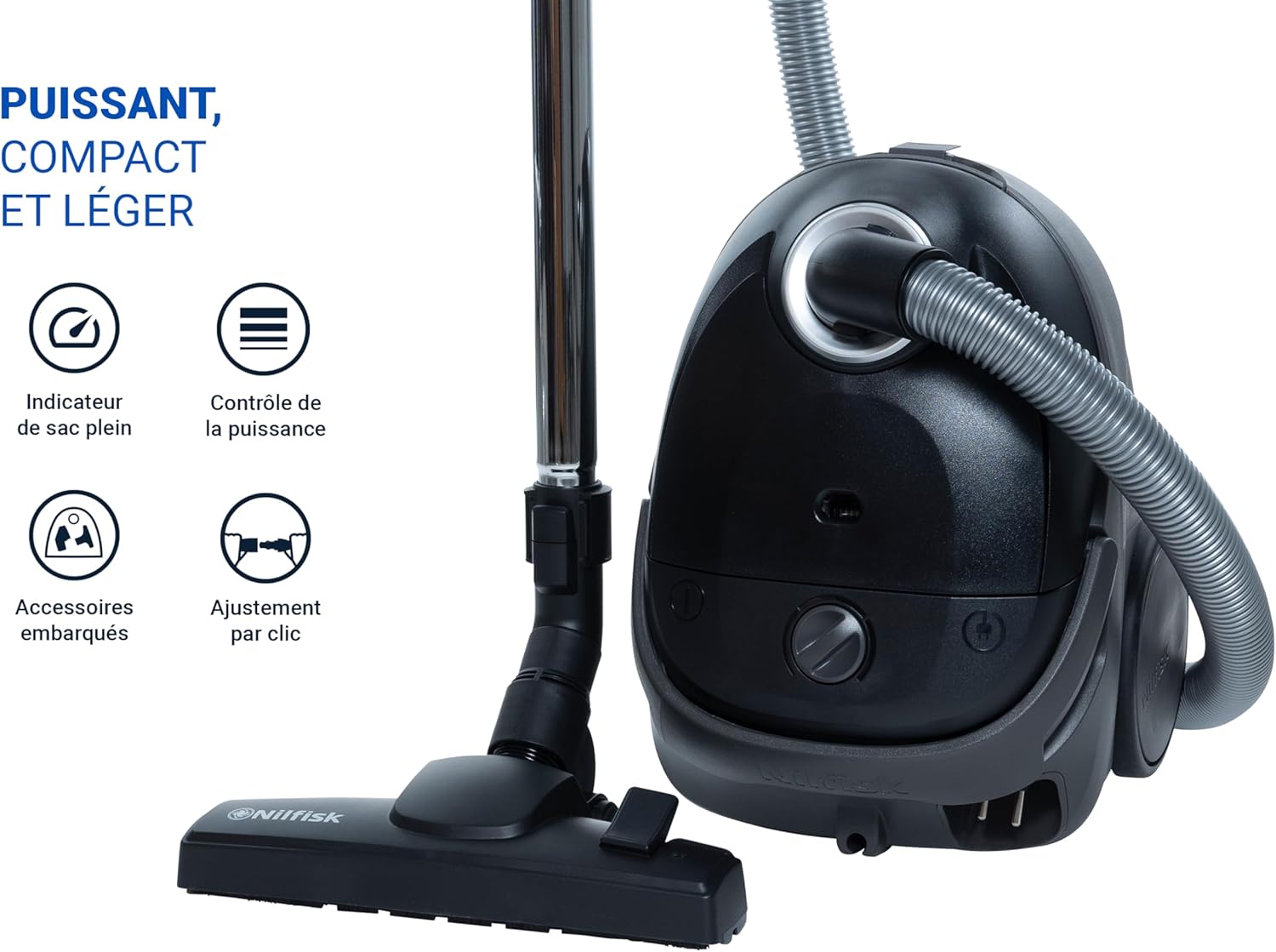 Usisivač Nilfisk One sastavljen s crijevom i teleskopskom cijevi, s kontrolom snage i indikatorom vrećice.