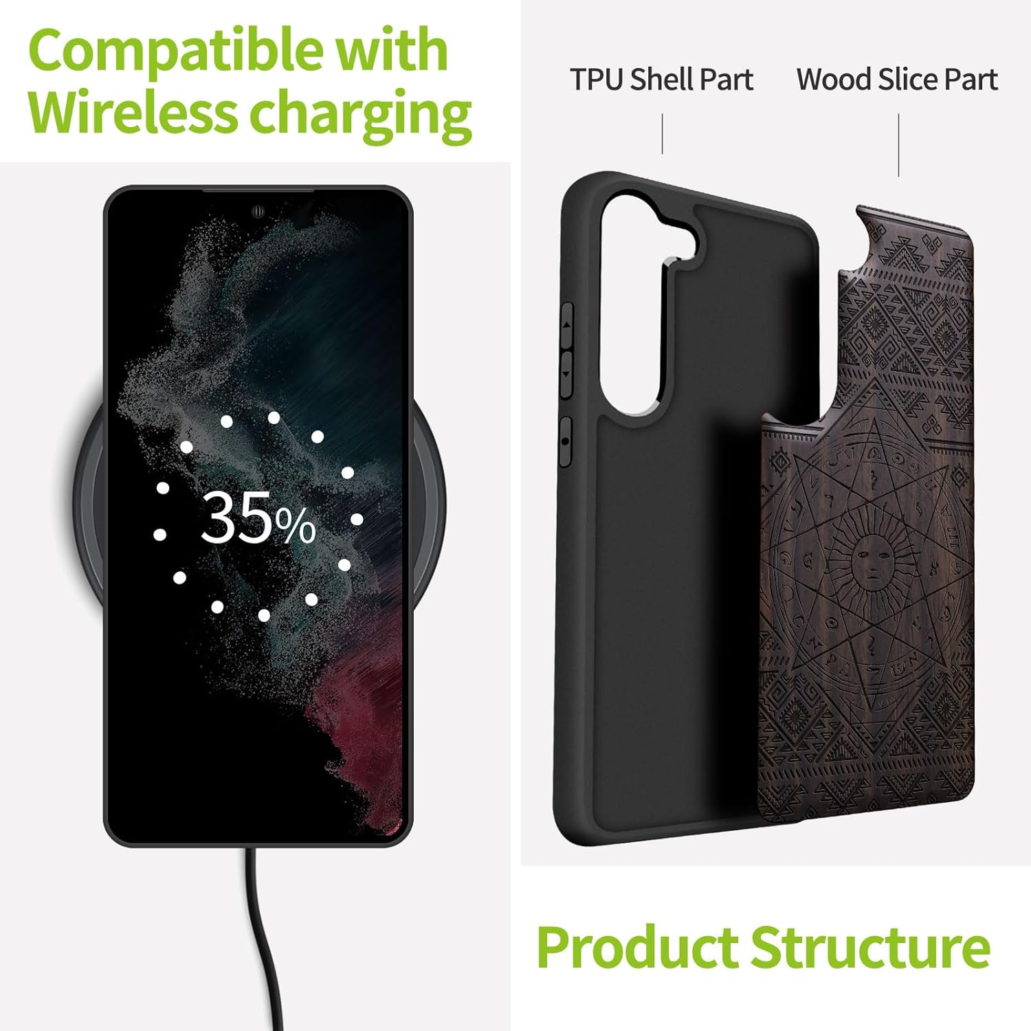 Carveit Wood Case for Galaxy S23 Case [Natural Wood & Black Soft TPU] Shockproof Protective Cover Unique Wooden Design Compatible with Samsung S23 (Octagonal Star Sun-Blackwood)
