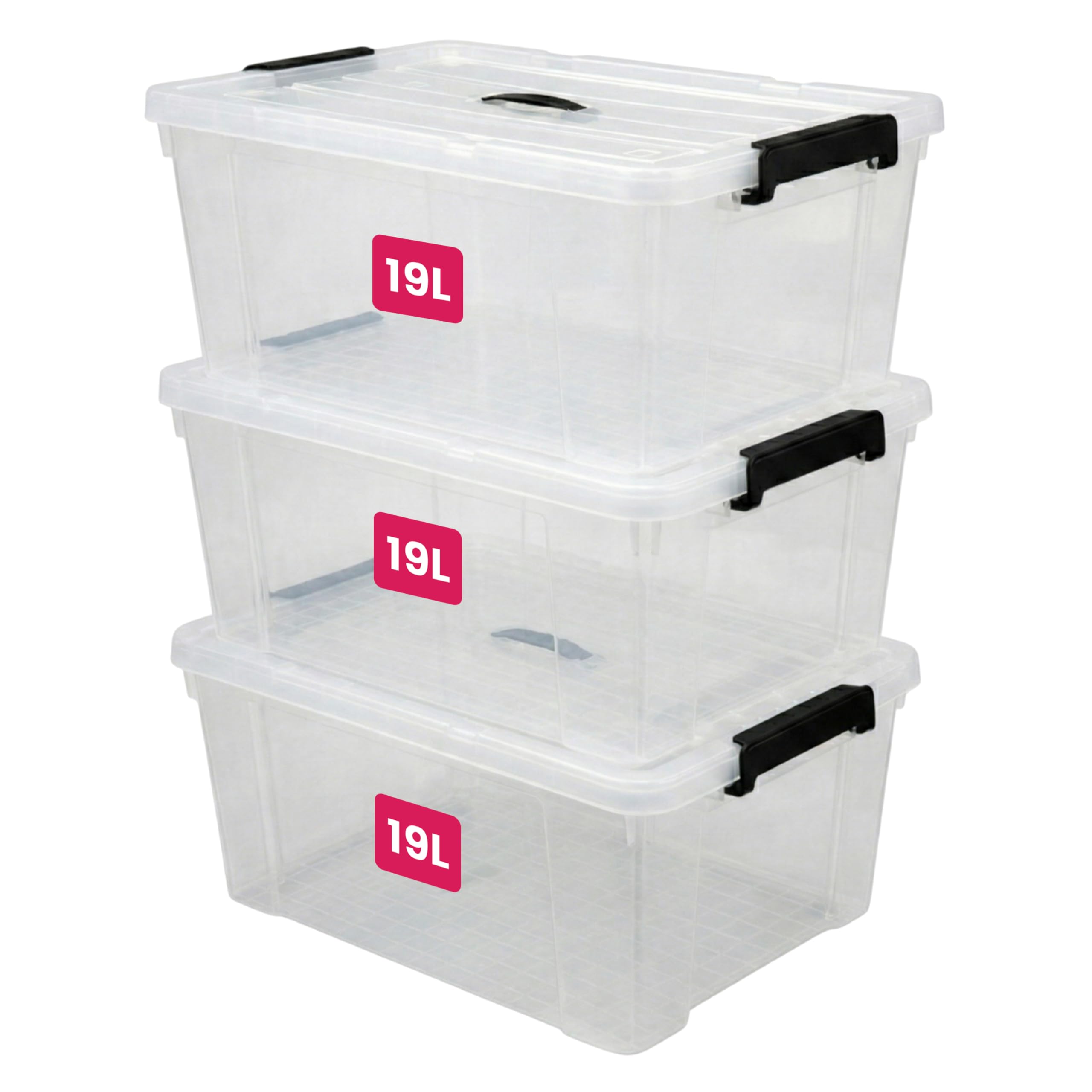 STL Clear Plastic Storage Boxes with Lids, Heavy-Duty Durable Stackable Plastic Storage Containers, Underbed Storage Boxes, Secure Clip-Lock Lid for Home, Office, Kitchen, Toys (3, 19ltr)