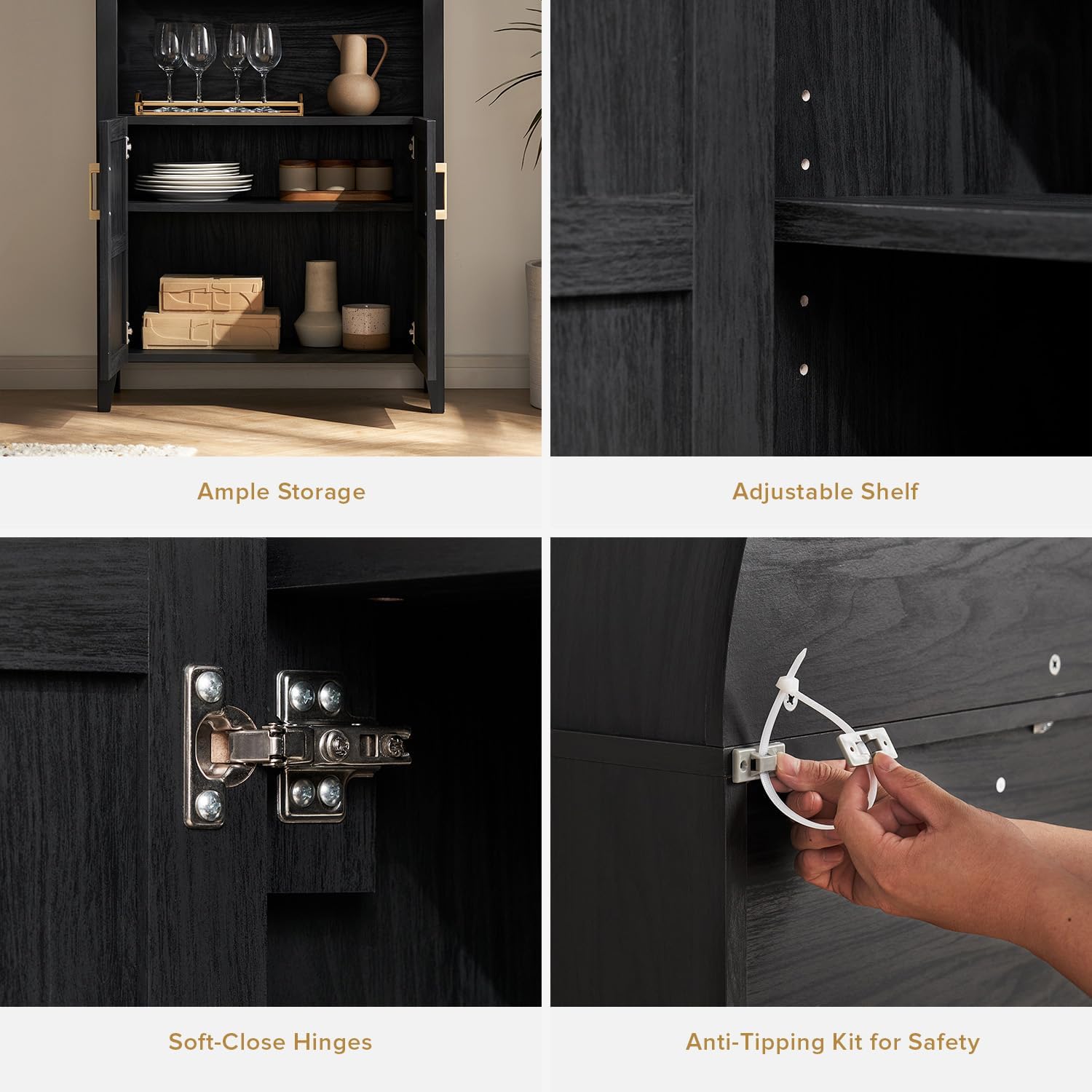 mopio Lauren 65.4" Short Arched Cabinet, the Original 5-Tier Bookcase with Doors and Shelves, Mini Arch Bookshelf with Storage, Wooden Storage Cabinet for Living Room and Kitchen Pantry (Black Accent)