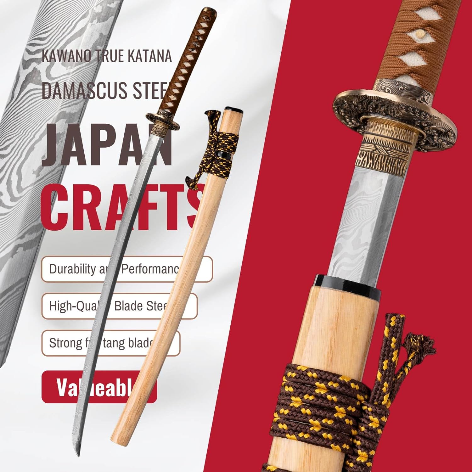 KAWANO Katana Sword, Japanese Handmade Damascus Steel Folded Samurai Sword, Functional Full Tang Blade Katana, Real Rayskin Handle with Gift Bag