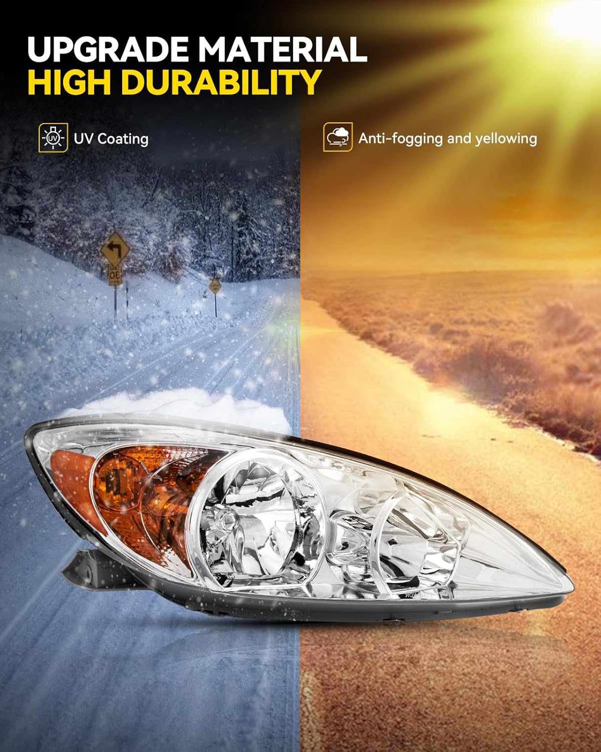 PHILTOP Headlight Assembly Set Fit for 2002 2003 2004 Toyota Camry LE XLE Headlamp without Bulbs Chrome Housing with Amber Reflector Replacement Driver and Passenger Side