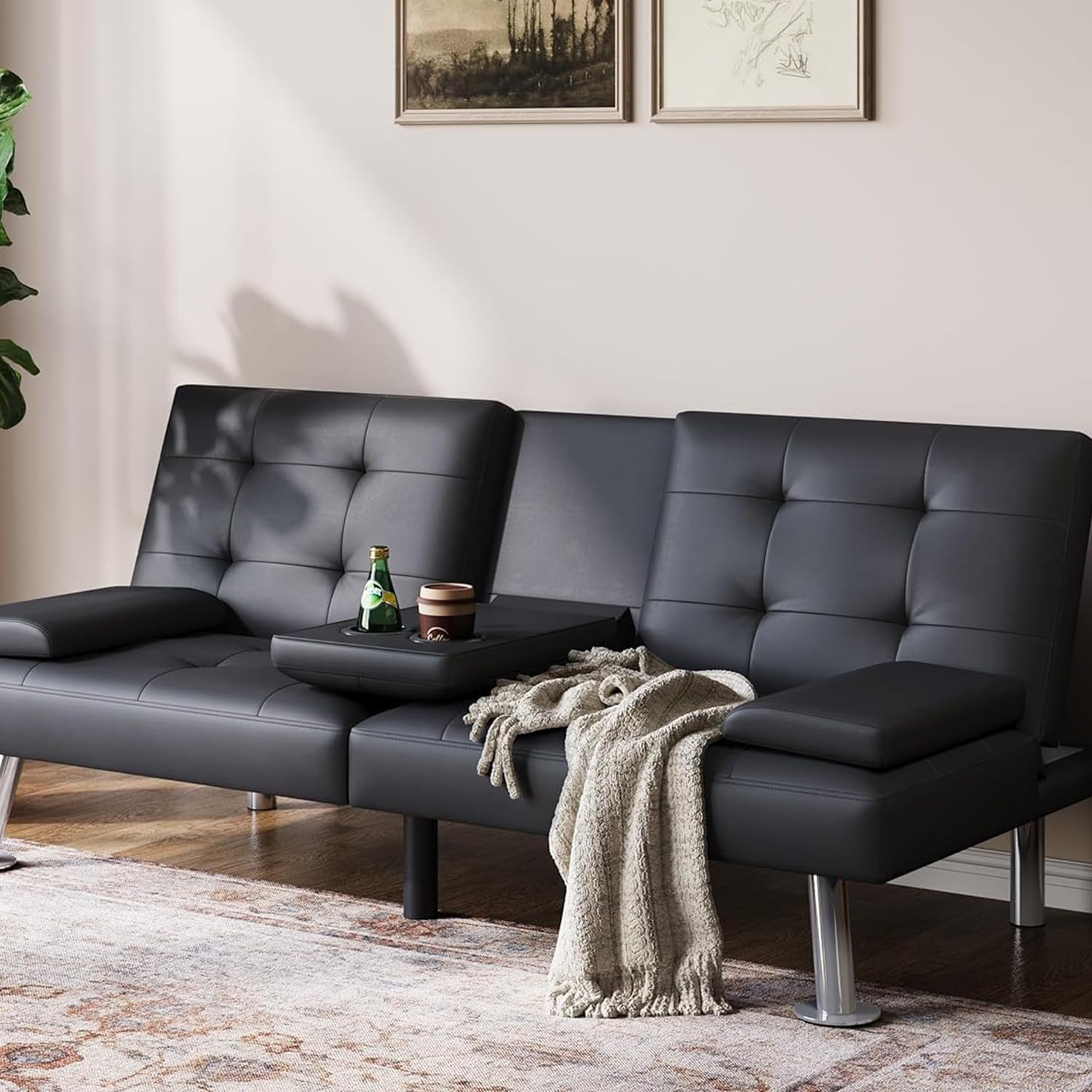 Futon Sofa Bed, Faux Leather Sleeper Sofa with Mattress and Frame, Convertible Futon Couch for Living Room, Black