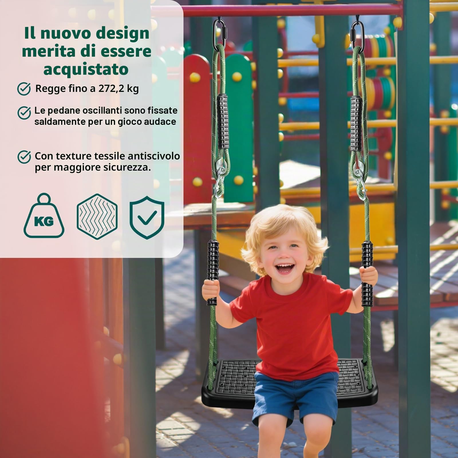 Altalena da giardino per esterni, in plastica, antiscivolo, regolabile in altezza, corda da 130 cm a 200 cm, con fibbia a moschettone, parco giochi per esterni, altalena da giardino, per