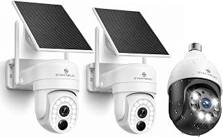 SYMYNELEC 2.4/5GHz Solar Security Camera 2PCS & Lightbulb Security Camera | No Monthly Fee, 360° Pan/Tilt, 2K Night Vision, Person Detection, 2-Way Talk, Siren Spotlight Weatherproof Cloud/TF Storage
