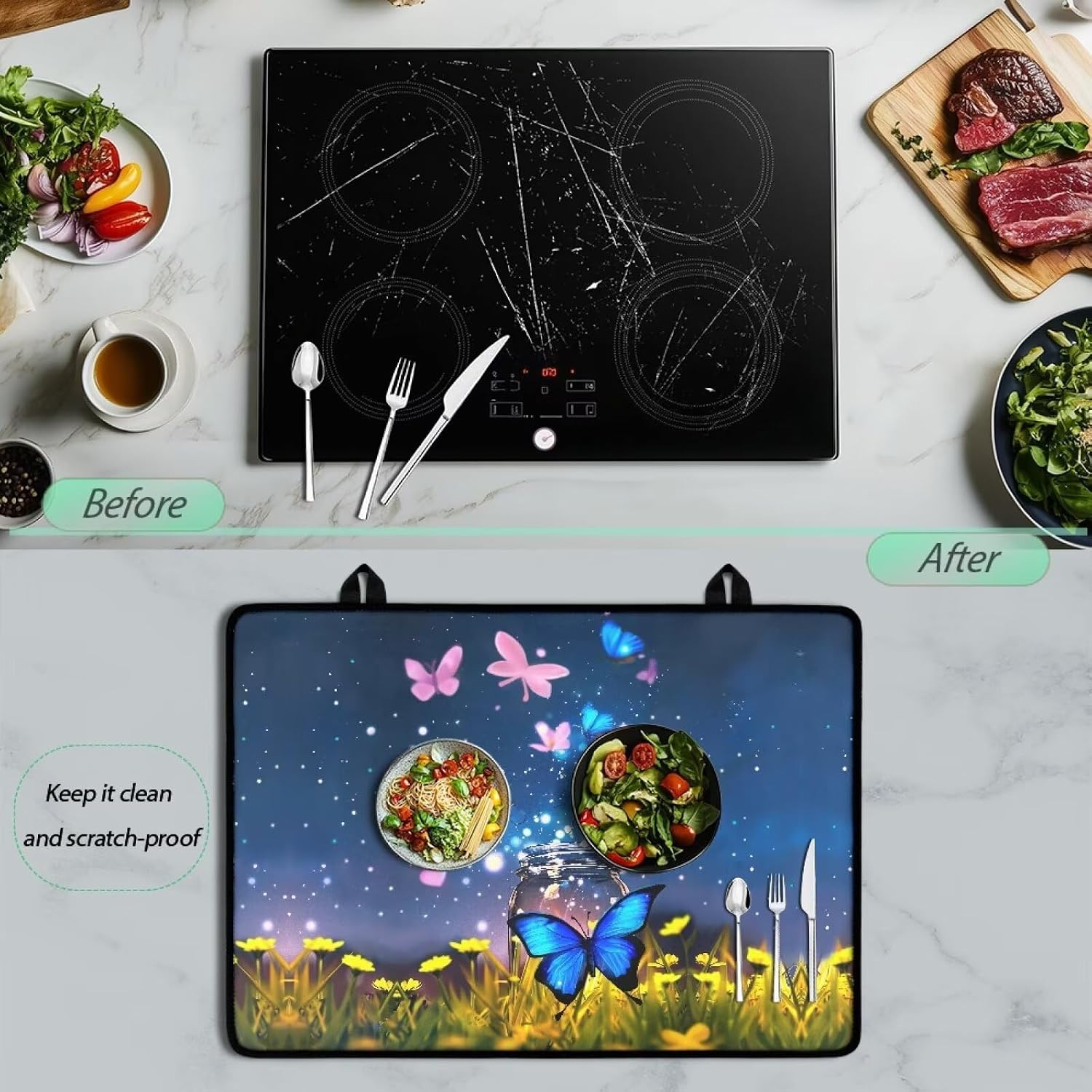 Butterfly Flower Print Stove Cover, Silicone Stove Top Cover for Electric Stove, Large Stove Top Protector, Heat Resistant Glass Cooktop Oven Mat, Non-Slip Dish Drying Mat