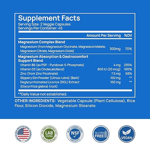 Miniatura 9 de Selerb Complejo de magnesio glicinato malato citrato óxido - Apoya la calma, el sueño, los músculos y la energía con D3, B6, zinc, olmo resbaladizo