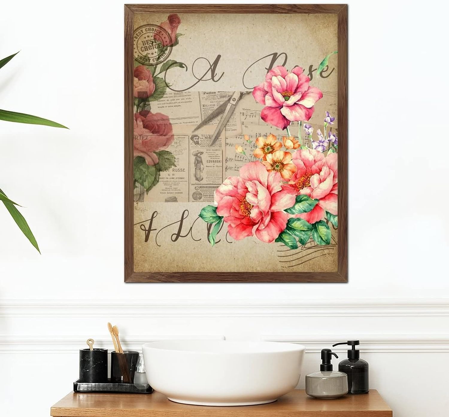 Vintage French Rose Flower Framed Wooden Sign Retro Newspaper Music Note Door Sign Rustic Botanical Artwork Wooden Wall Art Decor for Home Kitchen Bar Room Garage Bedroom 20x16inch