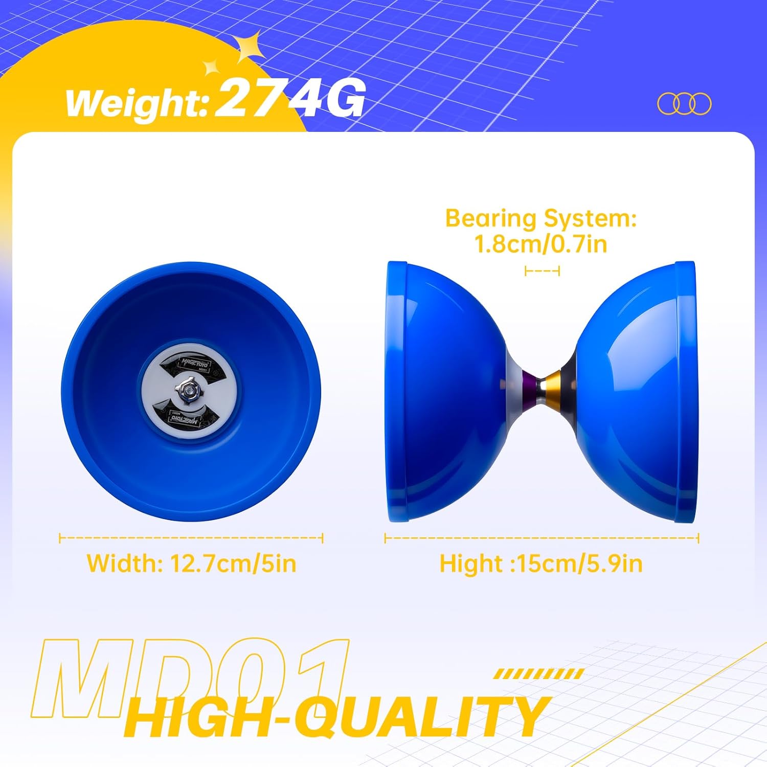 MAGICYOYO Pro Triple Bearing Diabolo Medium Size 5” Blue Chinese Yoyo Toy with 2 Pair Carbon Sticks+ 2 Extra Strings +1 Net Bag, High Performance Chinese Yoyo Diabolo Skill Toy