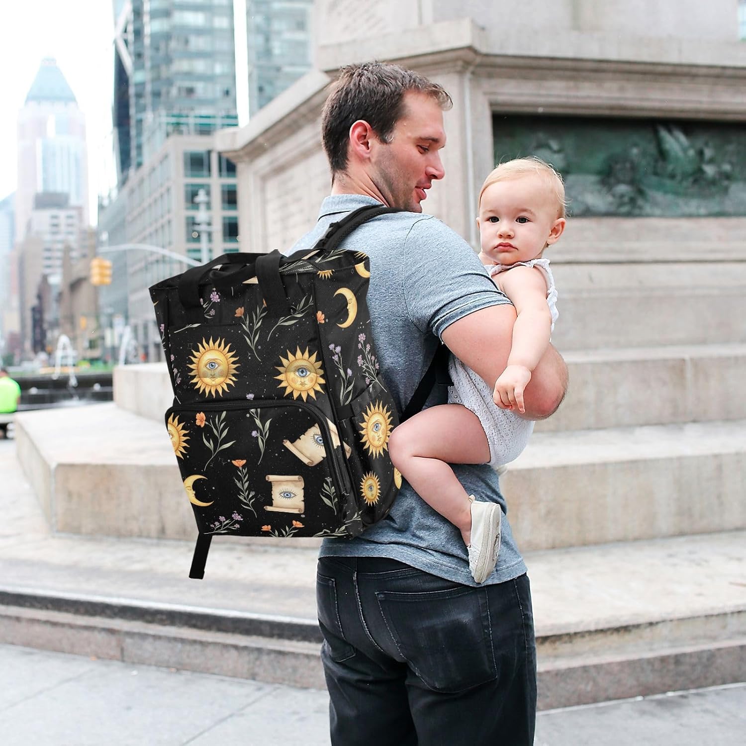 Sun Moon Flowers Black Print Diaper Bag Backpack for Baby Boys Girls Multifunction Baby Essentials Travel Tote with Stroller Straps & Bottle Storage Maternity Travel Bag for Baby Shower Gifts