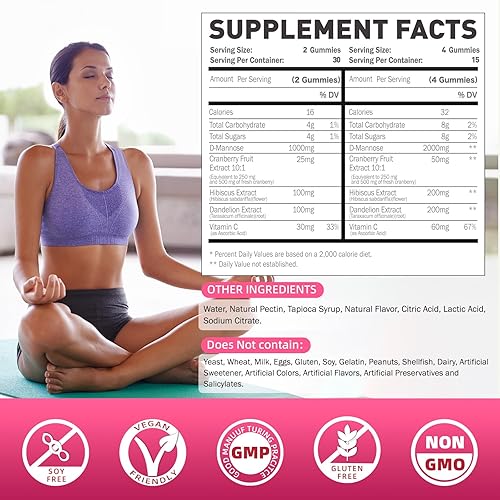 Miniatura 2 de Gomitas D-manosa de 2000 mg con arándano 500 mg e hibisco - Suplementos masticables de manosa D para mujeres - Suplemento de salud para limpiar el