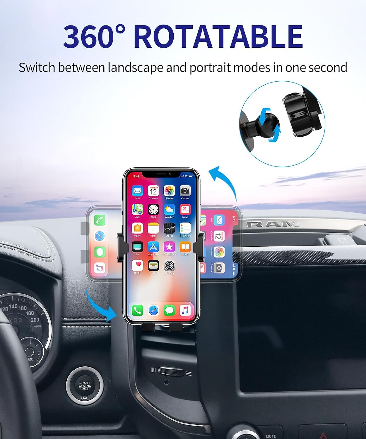 Car Phone Holder for Dodge Ram 1500 2500 3500 2019-2026 Auto Accessories Navigation Bracket Interior Decoration Mobile Cell Phone Mount, 360° Rotation