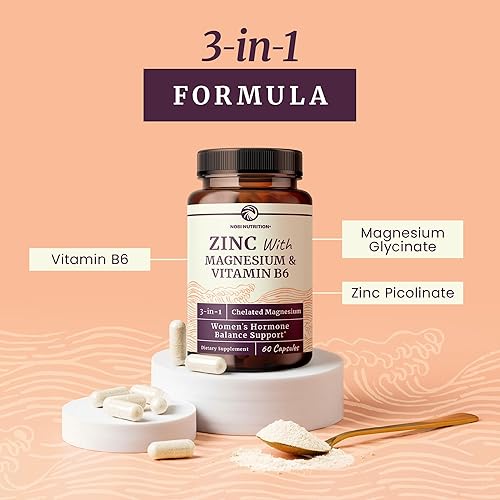 Miniatura 3 de Suplemento de zinc y magnesio con vitamina B6  Equilibrio hormonal femenino, ciclo menstrual y apoyo inmunológico  Glicinato de magnesio quelado de