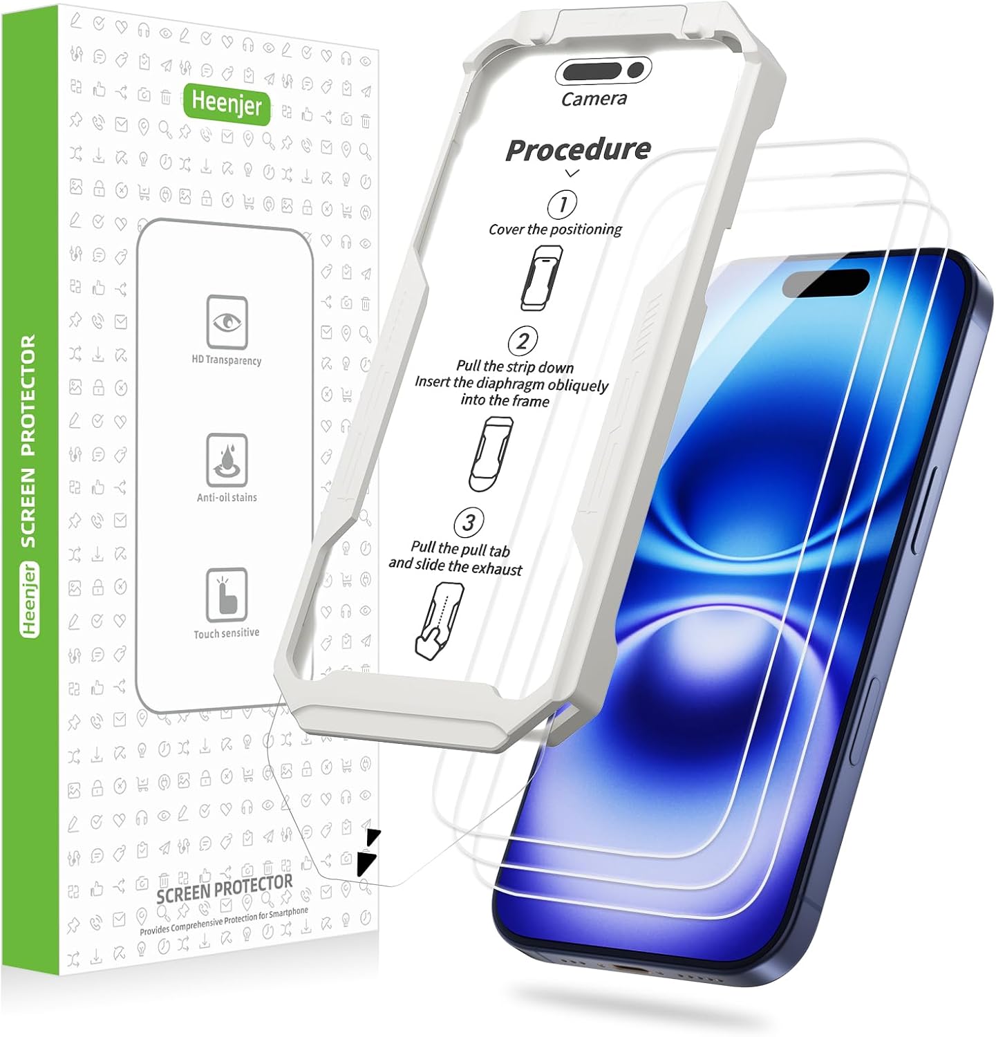 3-Pack Screen Protector for iPhone 16/15 with [Easy Pull] Installation Frame,9H Hardness Tempered Glass,Ultra Resistant, HD Clear, Bubble-Free, Case Friendly [Not for Pro/Plus Models]
