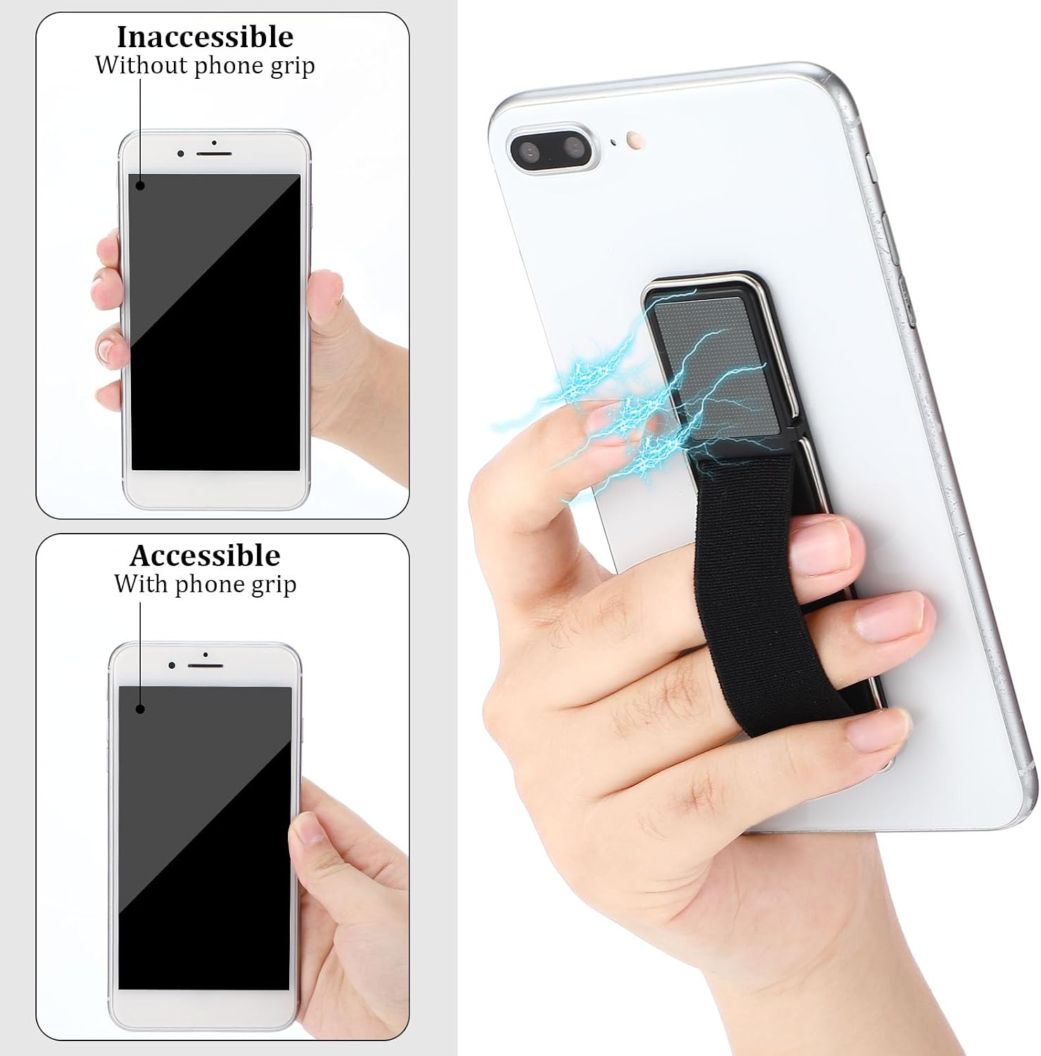 4 Pieces Phone Grip Strap Telescopic Phone Kickstand Elastic Finger Holer Hand Strap Adhesive Loop for Phone Grip with Stand Compatible with Most Smartphones (Black, Silver) image 3