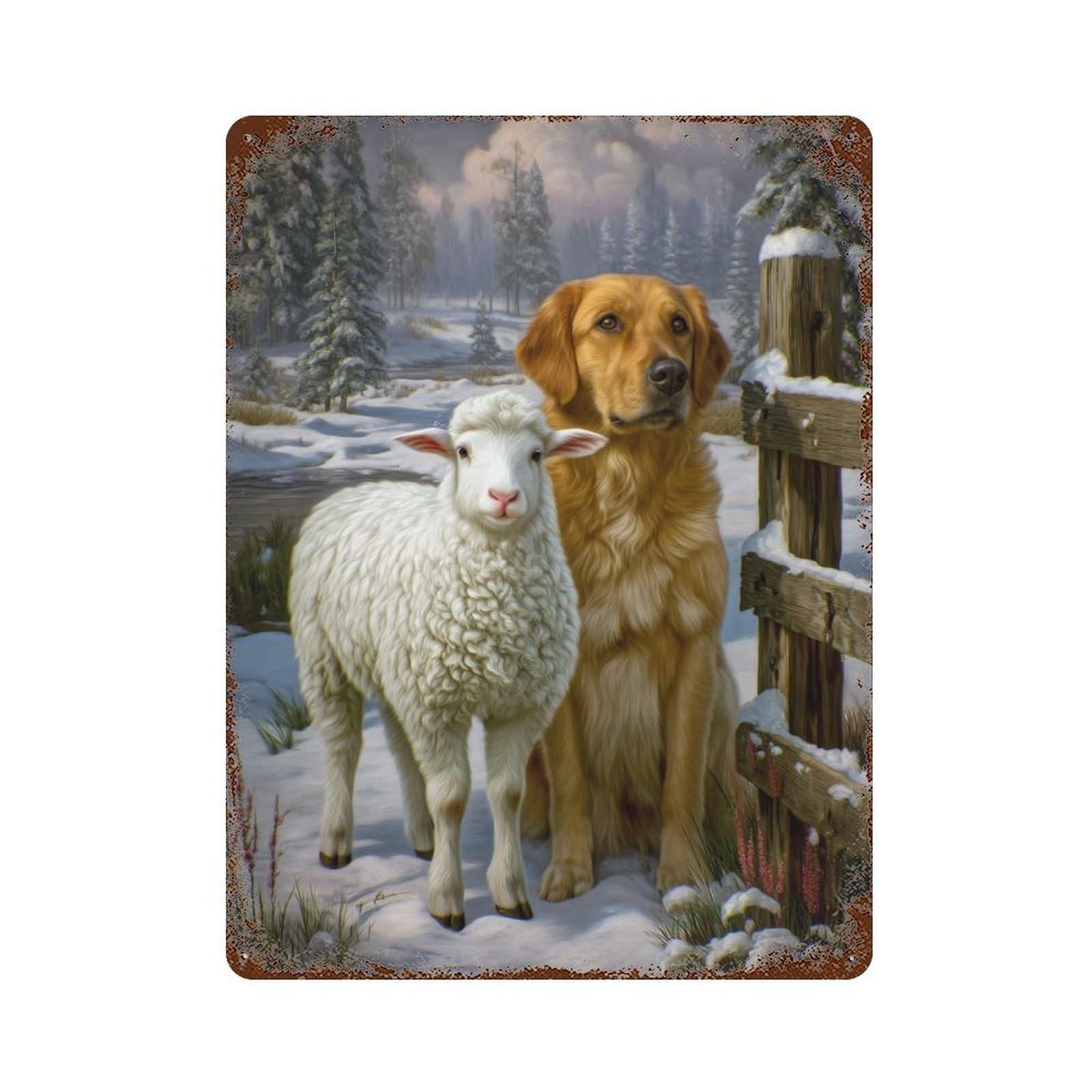 Golden Retriever And Lamb in Winter Scene 15.7"x11.8" Retro Metal Sign, Shabby Chic Decor for Garage, Bar And Workshop Decor