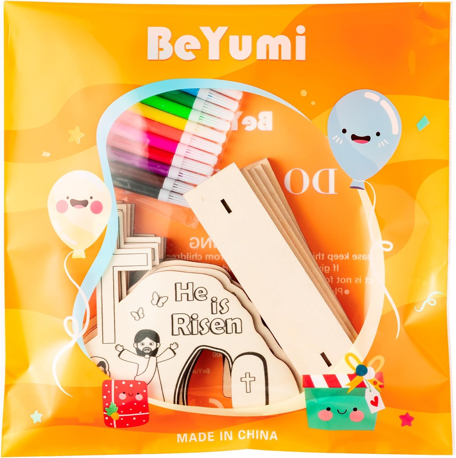 BeYumi Easter Jesus Resurrection Craft - 24Pcs DIY HE IS RISEN Wooden Empty Tomb Tabletop Signs Make Your Own Christian Jesus is Risen Scene Faith Religious Decor Church School Party Supplies for Kids