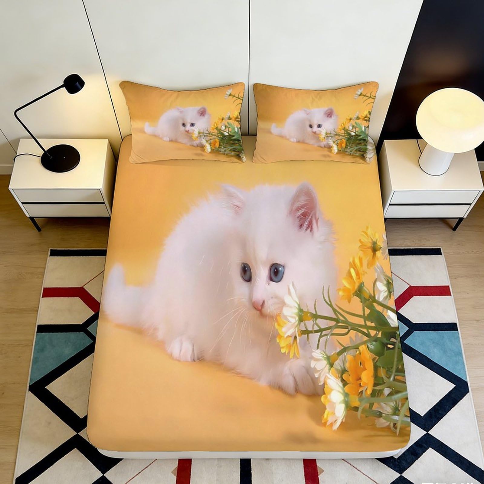 Pnayamiorkfel Style-2 3D Printed White Kitten Floral Fitted Sheet Microfiber Soft Non-Slip Bed Cover Bedroom Guest Room Decor Easy Care 90X200x25cm