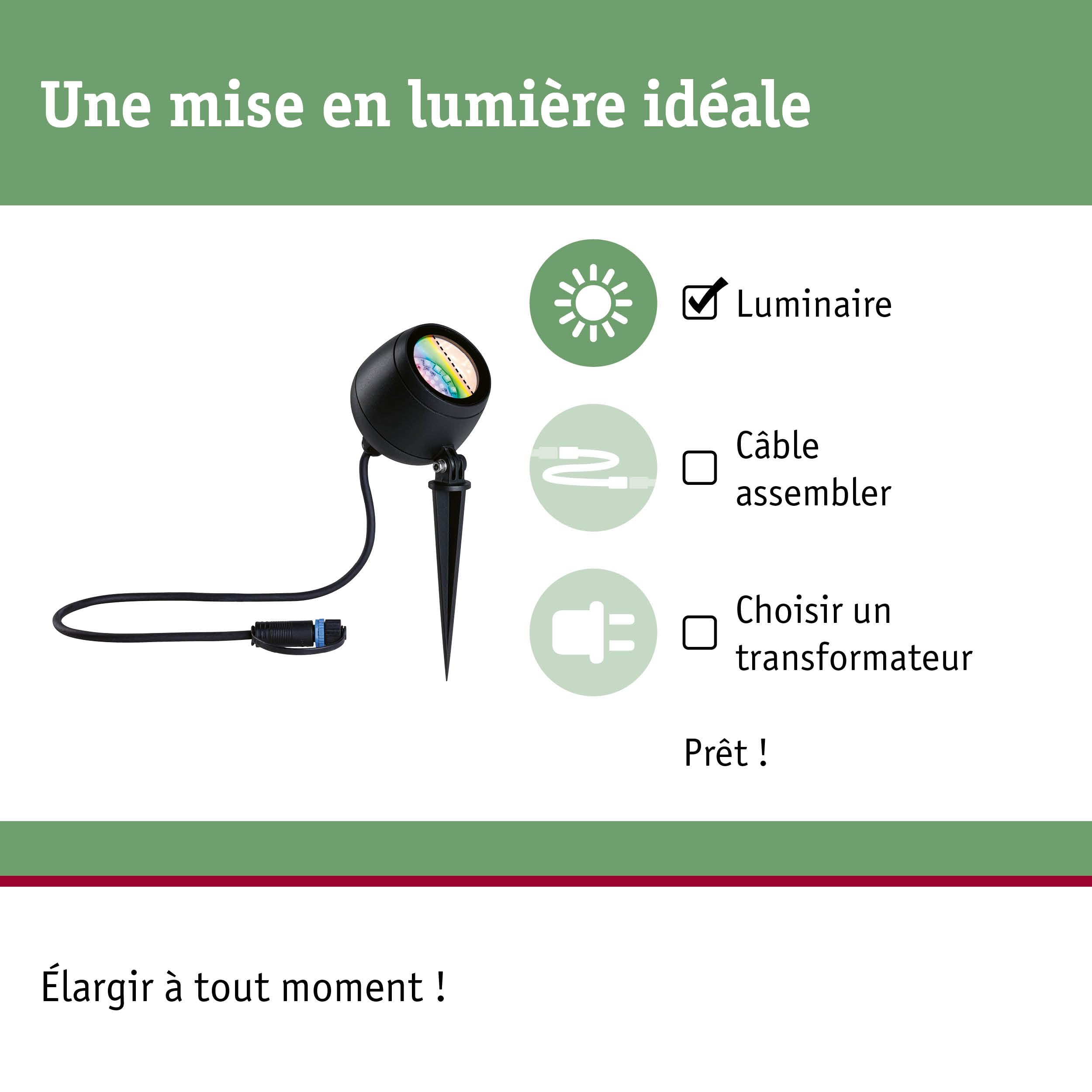 Paulmann 94769 Plug & Shine Projecteur de jardin LED Kikolo Smart Home Zigbee IP65 6,2W 400lm gradable 261mm Anthr. plast./Alu 3000-6500K RGBW+