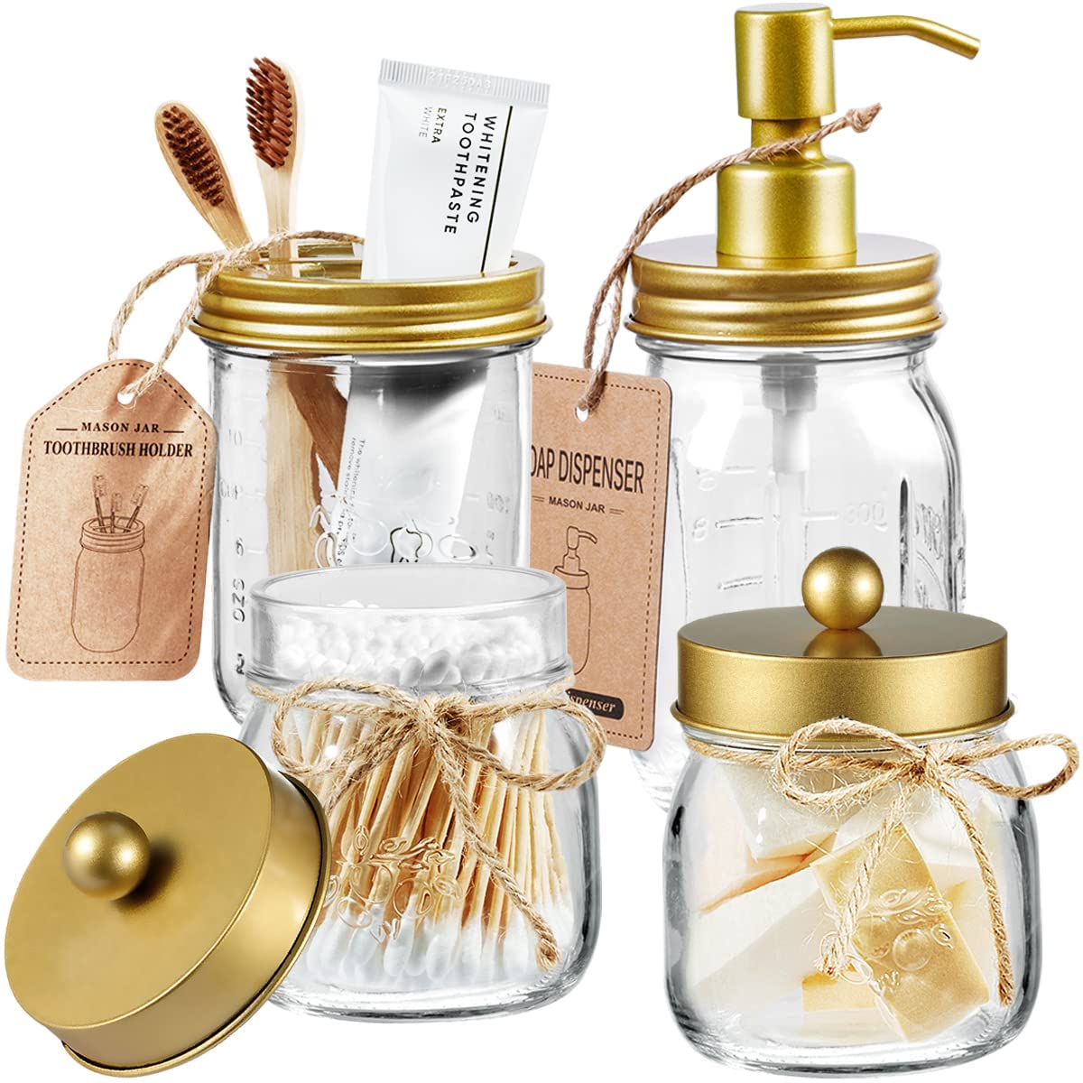 Amolliar Mason Jar Bathroom Accessories Set(4 Pcs) -Lotion Soap Dispenser & 2 Cotton Swab Holder & Toothbrush Holder-Rustic Farmhouse Decor,
