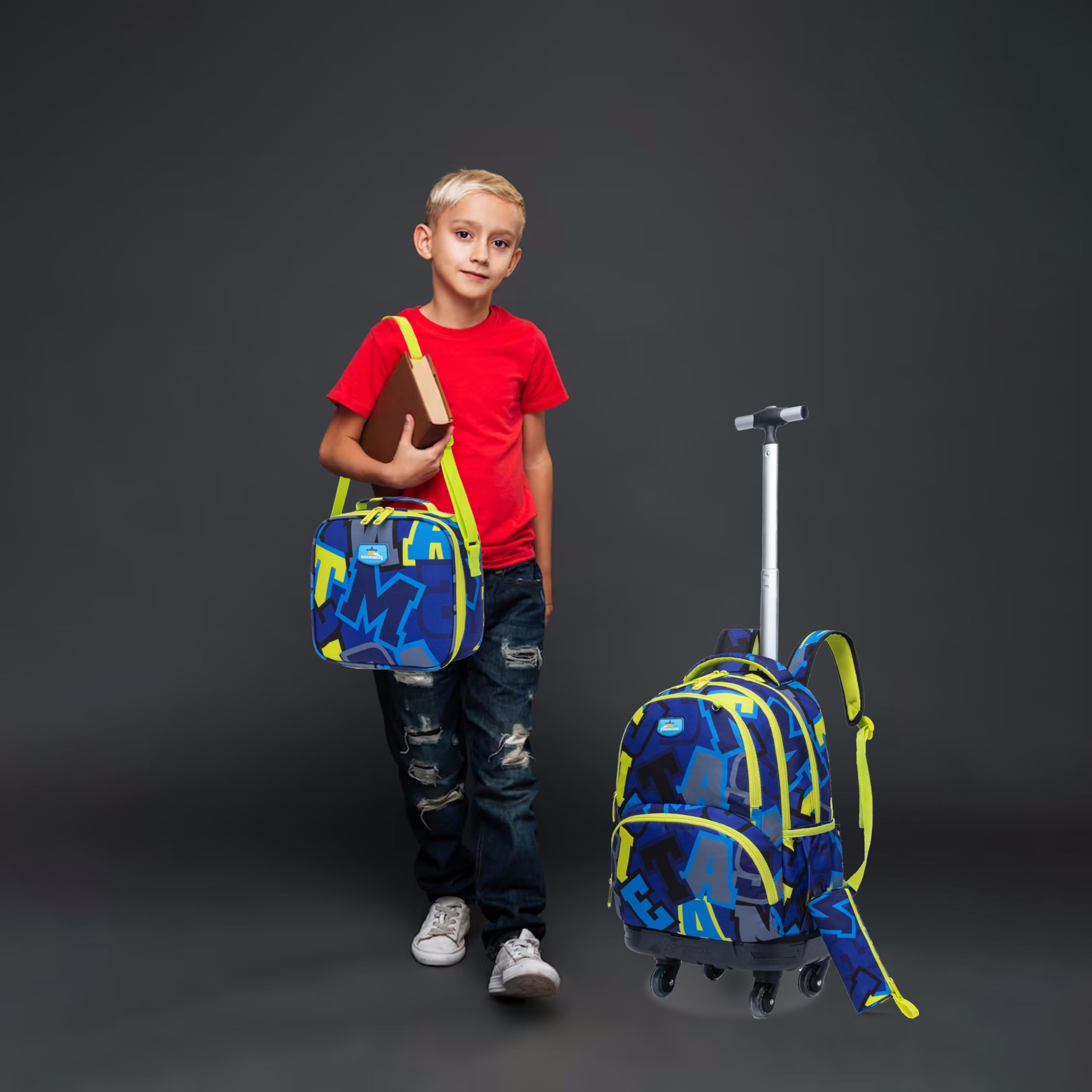 Mochilas Escolares con Ruedas Carro Niño Rodillos Giratorios Carrito para Escolar Bolso de Viaje Estuche Stitch Chicos 17" 3PCS Maleta Colegio Grande Infantil Niños Alfabeto Amarillo
