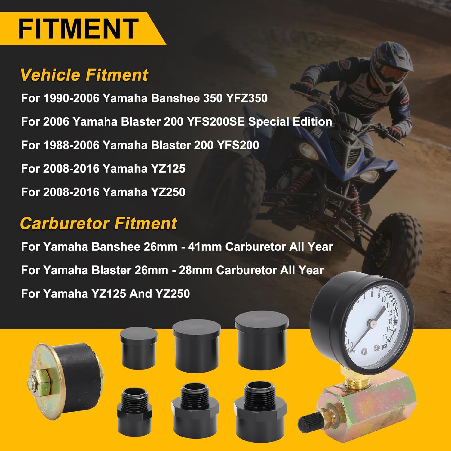 Two Stroke Leak Down Test Kit for Yamaha Banshee, Blaster, YZ125, YZ250-26mm to 41mm Carburetor Engine Air Leak Tester