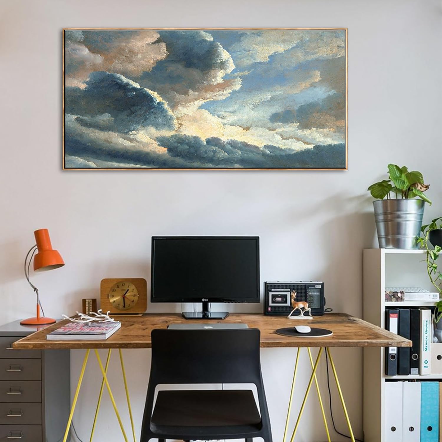 Vintage Landscape Wall Art - Large Framed Sunset Clouds Canvas Print, Farmhouse Natural Scenery Painting for Living Room, Bedroom, Bathroom Decor 20"x40"