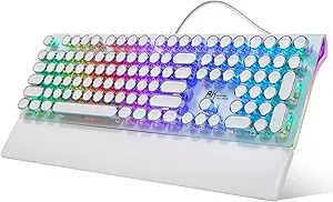 RK ROYAL KLUDGE Typewriter Mechanical Gaming Keyboard with Rainbow RGB Backlight & Sidelight, Retro Punk Round Keycaps, and Removable Wrist Rest