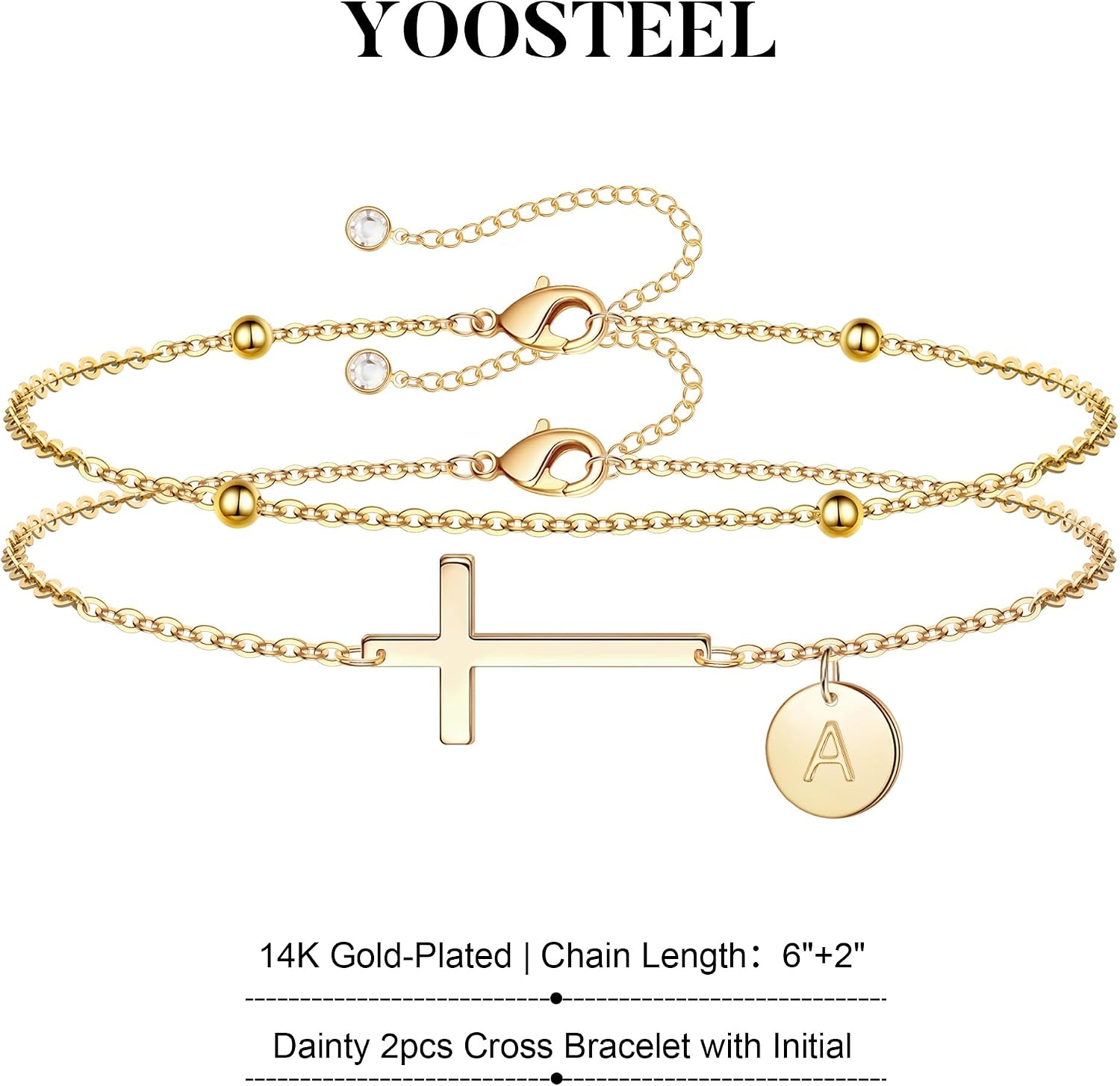 Yoosteel Initial Cross Bracelet for Women Teen Girls - 14K Gold-Plated Layered Disc Letter Cross Bracelet Jewelry Christian Baptism Gifts for Women Confirmation Gifts for Teen Girls Kids