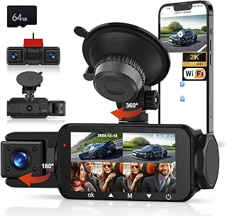 CAMECHO 4 Lens 2K/1080P Mini Dash Cam, 4-Channel Motion Surveillance Camera with 3-Inch Display, Built-in WiFi GPS, ADAS, Super Night Vision, Loop Recording, 24-Hour Parking Mode + 64GB Memory Card