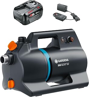 Gardena Akku-Gartenpumpe 3000 Silent 18V P4A Ready-To-Use Set: Leistungsstark, Leiser Betrieb, Regen- und UV-geschütztes Gehäuse, Trockenlaufsicherung, Kabellos (14610-20)