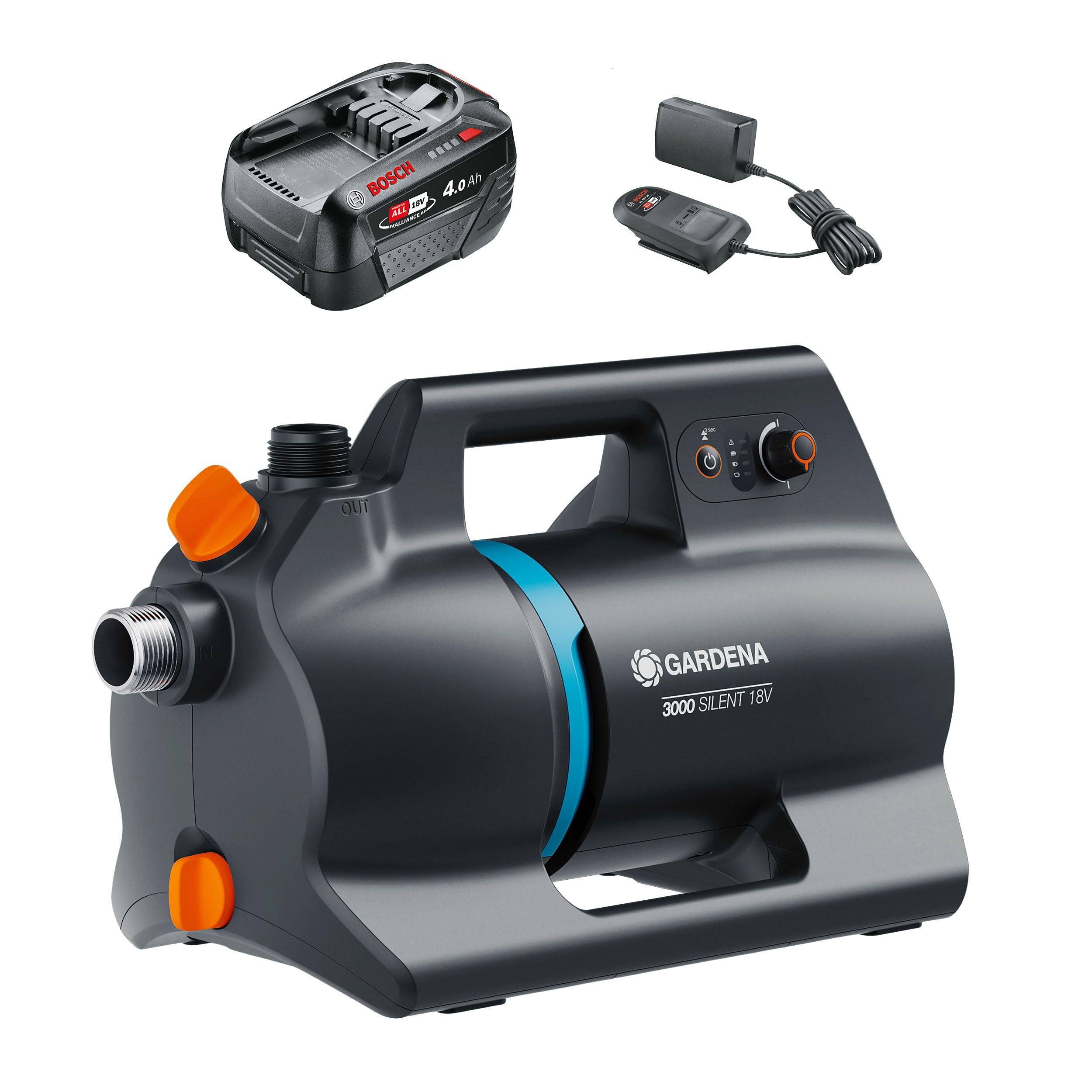 Gardena Akku-Gartenpumpe 3000 Silent 18V P4A Ready-To-Use Set: Leistungsstark, Leiser Betrieb, Regen- und UV-geschütztes Gehäuse, Trockenlaufsicherung, Kabellos (14610-20)