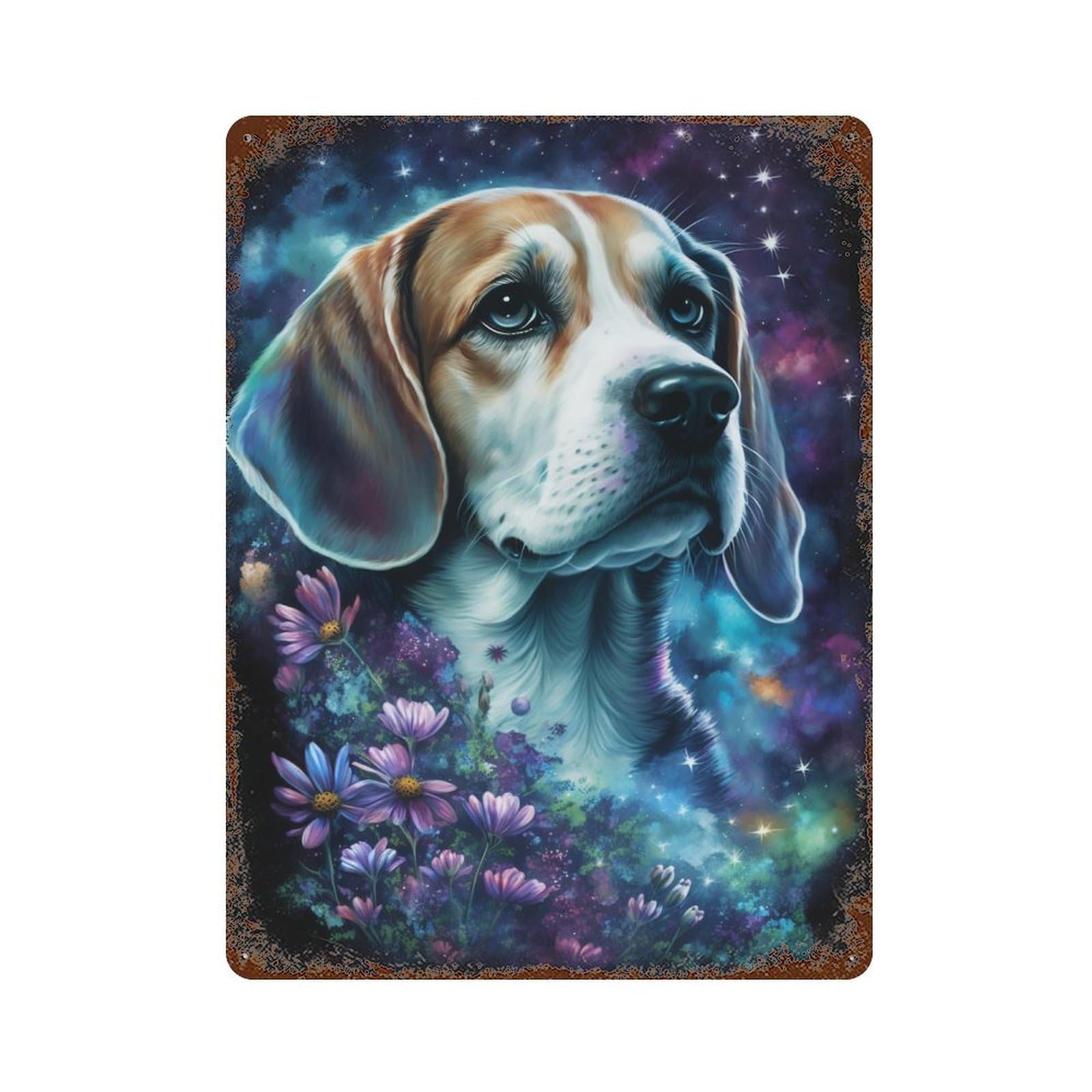Vintage Rust Metal Sign with Starry Night Beagle with Flowers Design 15.7"x11.8", for Office, Studio And Wall Decor, Farmhouse Wall Decor