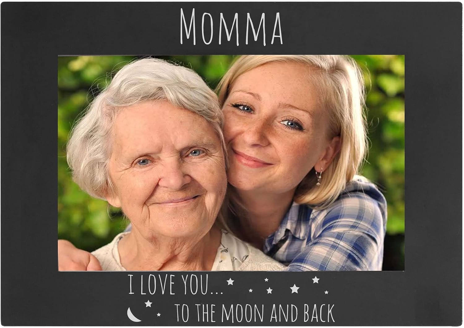CustomGiftsNow Momma I Love You to The Moon and Back - Anodized Aluminum Metal Hanging/Tabletop Personalized Group Family Photo Fits 4x6 Portrait Picture Custom Black Frame
