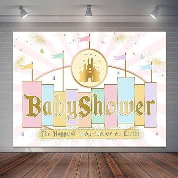 Princess Castle Baby Shower Backdrop Pastel Rainbow Stripes Magical Background Gold Glitter Happiest Baby Shower On Earth Party Decorations Banner 8x6ft