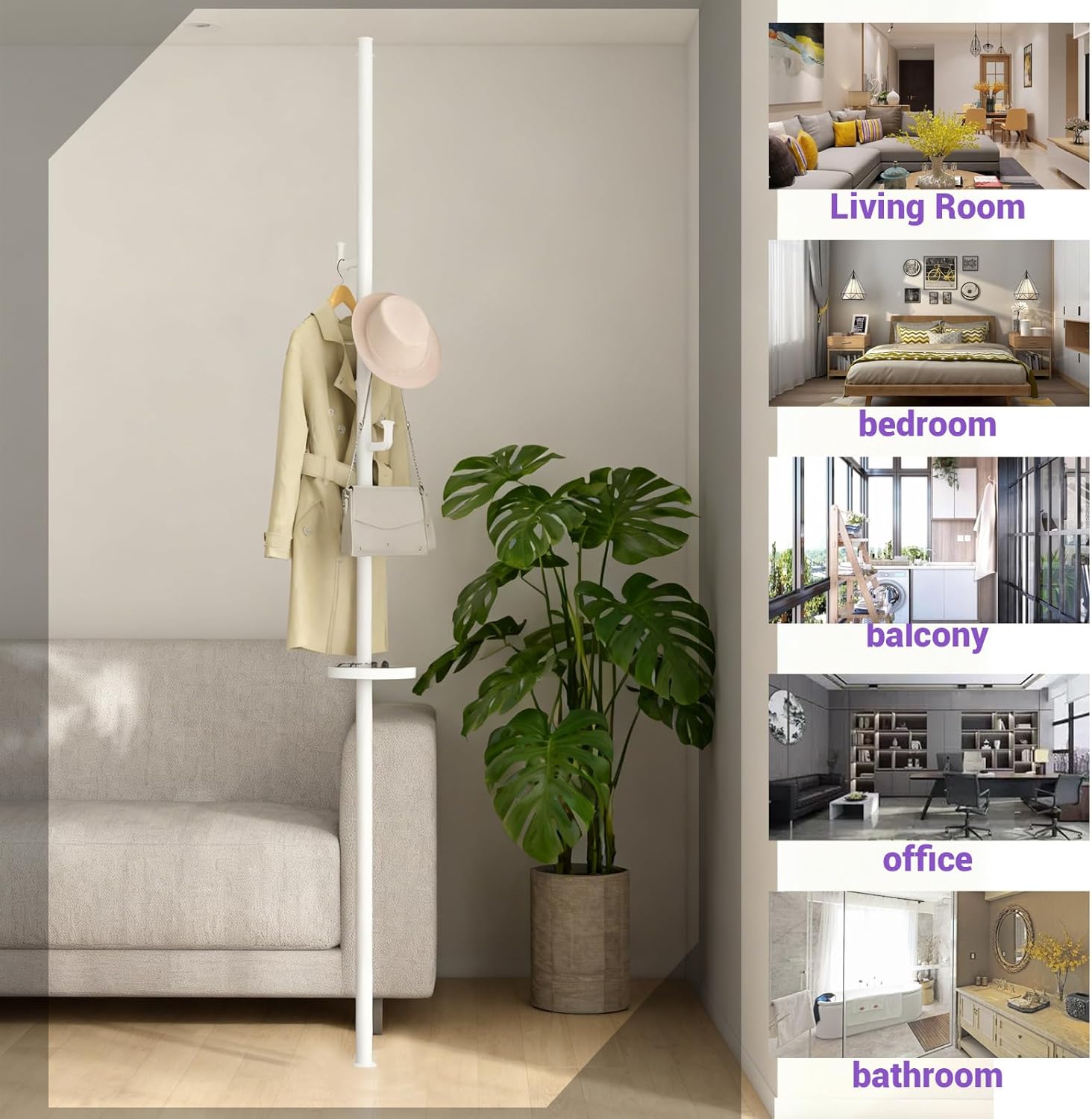 Adjustable Laundry Pole 6-Tier Standing Clothes Drying Rack Coat Hanger DIY Floor to Ceiling Tension Rod Storage Organizer for Indoor, Balcony,Living Room, Bed Room(White)