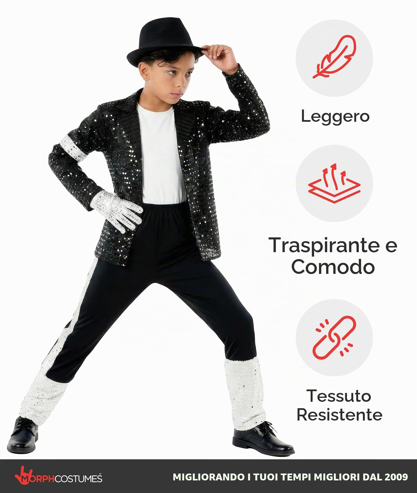 Morph Costume Star del Pop Bambino, Costume Halloween Bambino | Giacca di Paillettes, Pantaloni, Cappello Fedora & Guanto Argentato, Perfetto per Halloween, Ideale per il Gioco di Ruolo