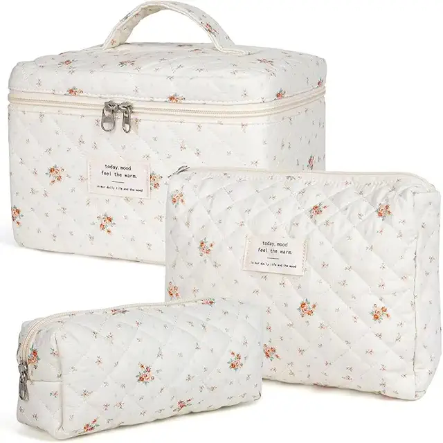 Ensemble de 3 Trousse à Maquillage Voyage en Coton Floral - Grande Capacité