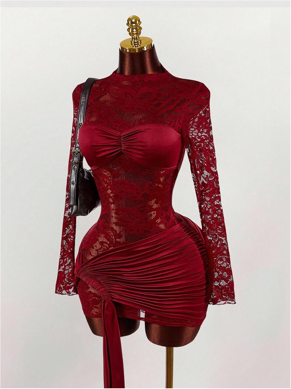 GORGLITTER Women's Lace Mini Dress Sheer Mesh Ruched Long Sleeve Bodycon Formal Night Out Birthday Party Sexy Dresses