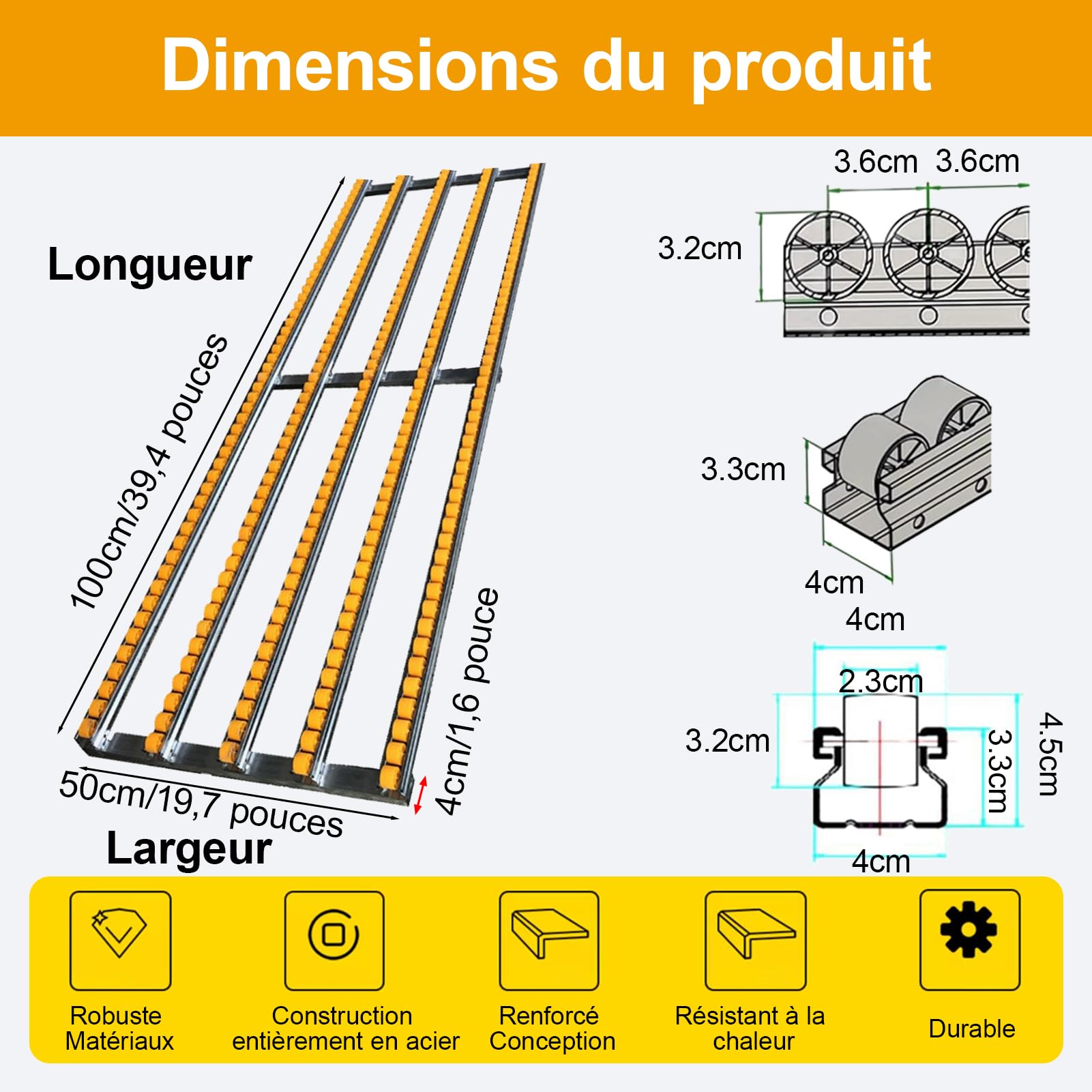 HJZALMI Convoyeur à rouleaux gravitaire léger et non motorisé, 50x100cm | Rouleau de convoyeur, adapté à la manutention en entrepôt et lignes seaux, rouleaux plastique ABS, conception épissable