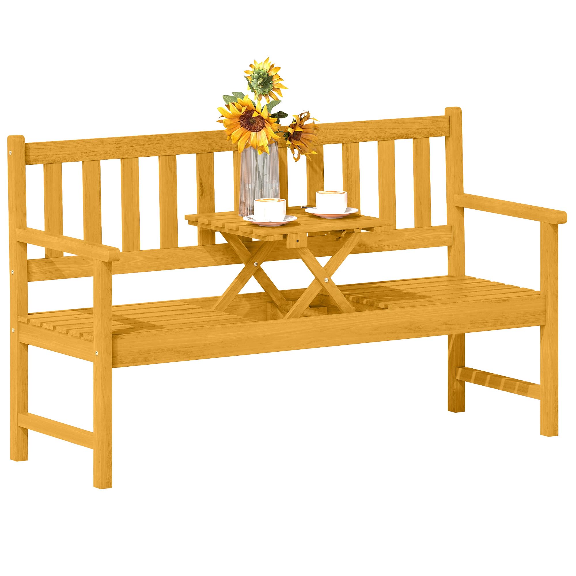 Outsunny 2-Sitzer Gartenbank Akazienholz FSC®, wetterfest Sitzbank, Gartenmöbel mit Rücken- & Armlehnen, Klappbarer Tisch Parkbank 320kg belast, Holzbank für Balkon, Garten, 149x56,5x89cm, Teak