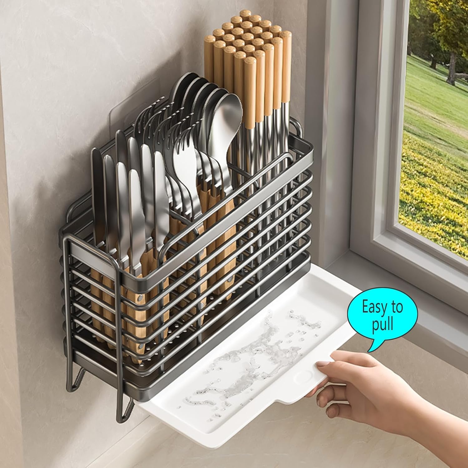 Utensil Holder, Dish Drainer for Kitchen Counter,3 Compartments Stainless Steel Utensil Drying Rack,Kitchen Utensils Holder with Towel Bar,Own Drain Tray(Black)