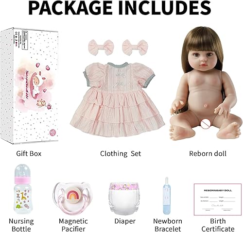 Miniatura 6 de SCOM Muñeca Reborn Realista, Cuerpo Completo de Silicona - Muñecas Realistas de 18 Pulgadas Niña con Cabello Largo Hecha a Mano, Con Ropa y