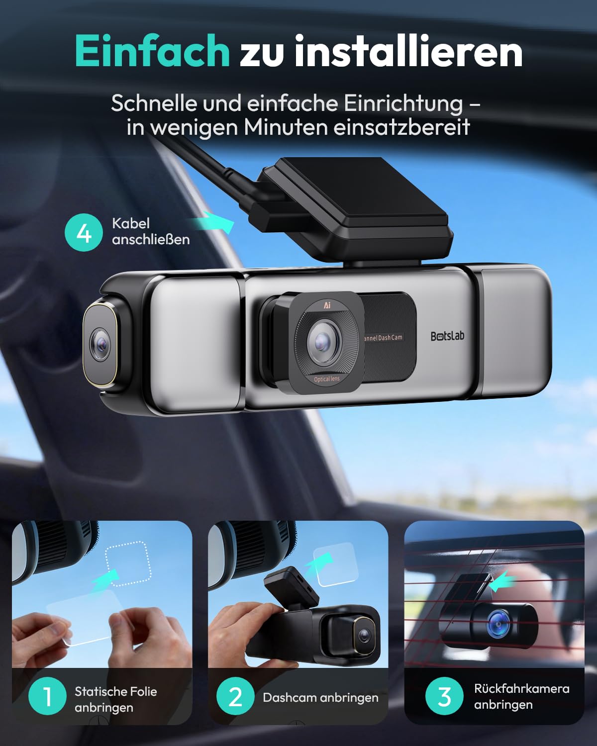 BOTSLAB 4 Kanal Dashcam Auto Vorne Hinten, 360° Dash Cam, 3K+3*1080P Autokamera mit 128GB SD Karte, 5,8GHz WiFi & GPS, Super Nachtsicht, WDR, 3,18" IPS-Bildschirm, G-Sensor, Loop-Aufnahme, Parküberwachung