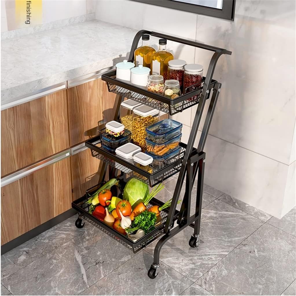 Trolley Stall Parallel Folding Portable Shelf Floor Kitchen Multifunction Storage Rack Kitchen Organizer Metal Stand (Color : A, Size : 3-Tier) image 2