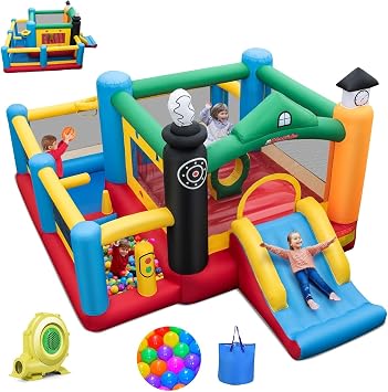 OLAKIDS Inflatable Bounce House, Train Theme Kids Jumping Castle with Slide Ball Pit Basketball Rim, Indoor Outdoor Inflatable Obstacle Course with 950W Blower 50PCS Ocean Balls Carry Bag